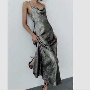 Zara | Shimmery silver satin effect strappy midi slip dress